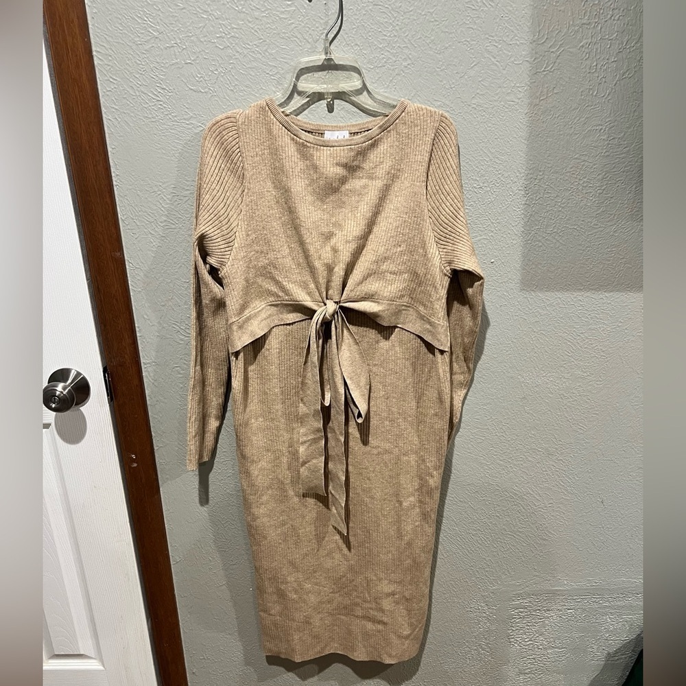 Isabel Maternity Tan Long Sleeve Dress Tie Front Detail NWT Size S Ribbed